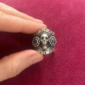 Silver Skull Ring with Blue Accents